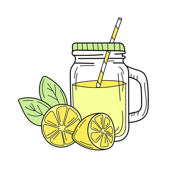 Citrons jaunes et limonade dans un bocal en verre. Boisson estivale fraîche — Image vectorielle