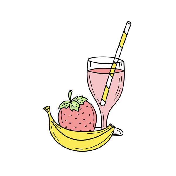Muz ve çilekli smoothie veya cam içinde limonata. Taze yaz içeceği. — Stok Vektör