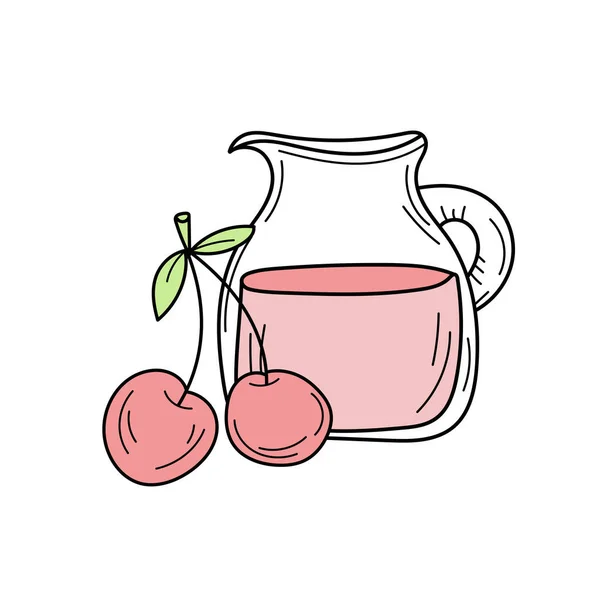 Succo con ciliegia in una brocca di vetro, cartone animato vettoriale con bacche fresche — Vettoriale Stock