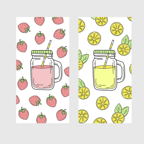 Lindo conjunto de brillantes tarjetas de verano con bebidas. Limón y fresa — Vector de stock