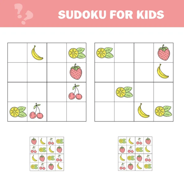 Sudoku juego para niños con fotos. Hoja de actividades para niños. Frutas de dibujos animados — Vector de stock