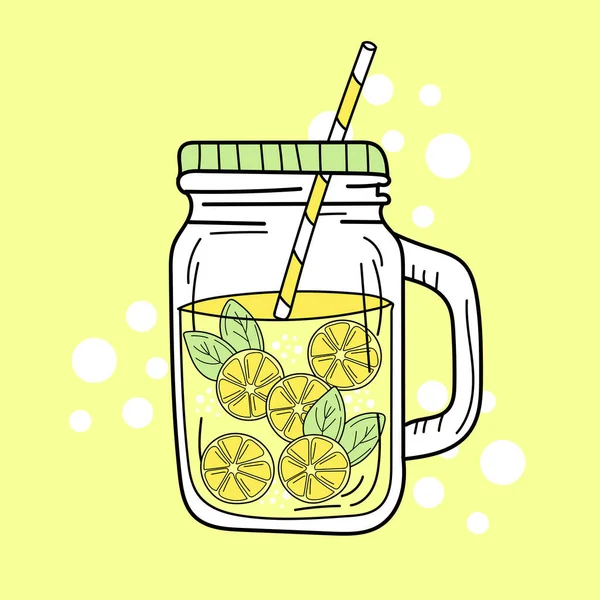 ガラス瓶に黄色のレモンとレモネード。新鮮な夏の飲み物 — ストックベクタ