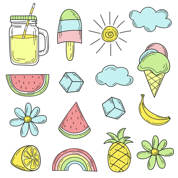Lindos iconos de verano coloridos. Conjunto dibujado a mano de elementos de verano para el diseño — Vector de stock