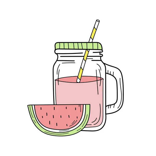 Ručně kreslená melounová limonáda ve skleněné sklenici. Vektor — Stockový vektor