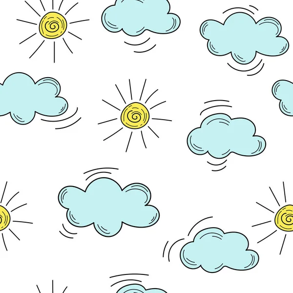 Kids hand drown clouds and sun. Hand drawn clouds and sun - seamless pattern — Stock Vector