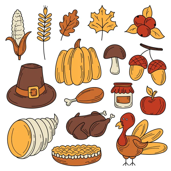 Handgezeichnete Cartoon-Set von Thanksgiving Herbst Thema — Stockvektor
