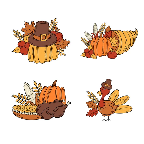 Éléments de Thanksgiving dessinés à la main pour la conception de la carte. Carte de vacances dans le style doodle — Image vectorielle