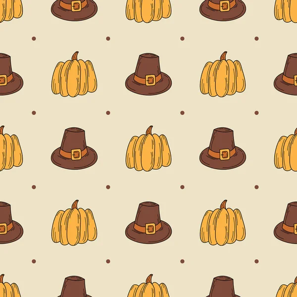 Płynny jesienny wzór. Kapelusz i dynia - ręcznie rysowane ikony dziękczynienia — Wektor stockowy
