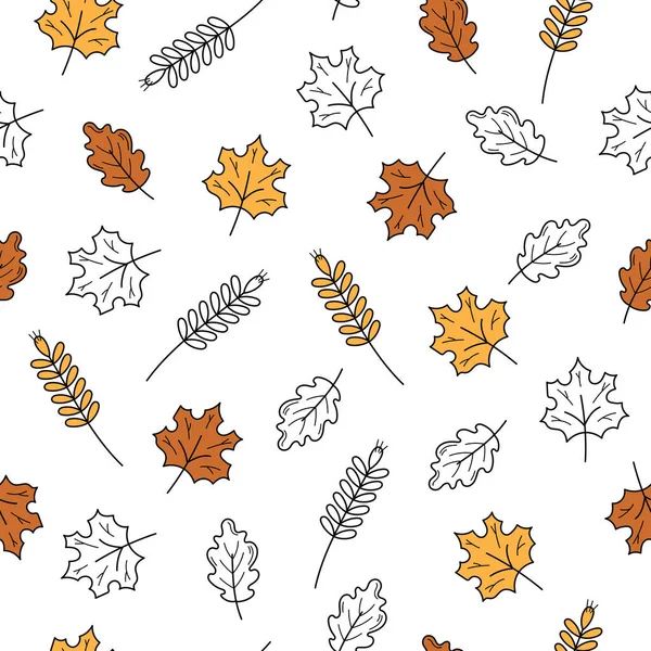 Цветные и черно-белые иконки с нарисованными вручную листьями - бесшовная текстура — стоковый вектор