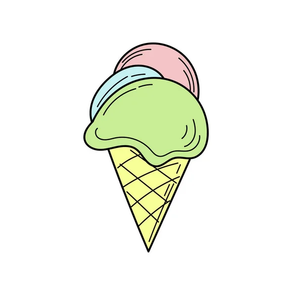 Ručně Kreslený Kornout Zmrzliny Vektorová Ilustrace Jednoduchá Ikona Letní Barvy — Stockový vektor