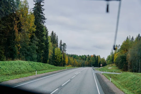 バスの窓から道路や秋の森の景色。ロードトリップ — ストック写真