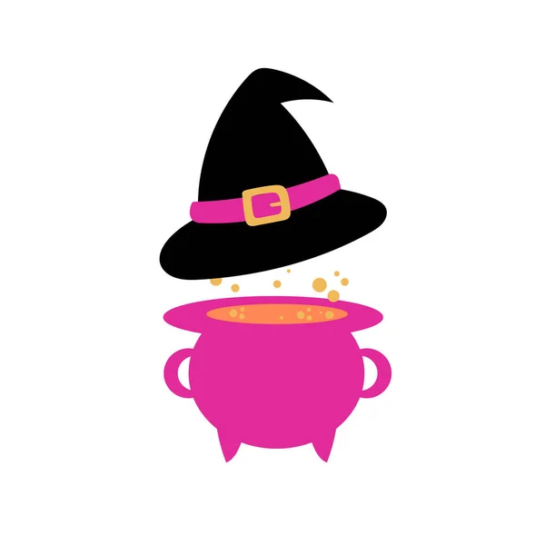 紫とピンクの色で黒の魔女の帽子と釜。漫画イラスト — ストックベクタ