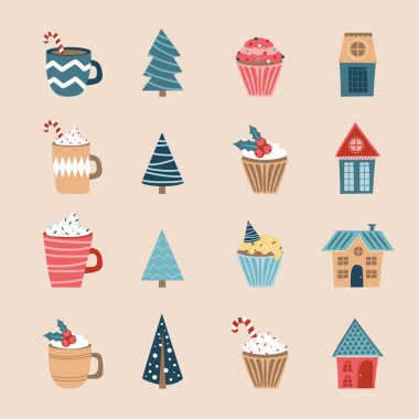 Mutlu Noel ikonu seti. Tatil simgeleri. Bardaklar, kekler, evler ve ağaçlar