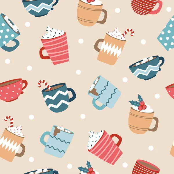 Mignon Noël et Nouvel An motif sans couture pour papier d'emballage avec des tasses. — Image vectorielle