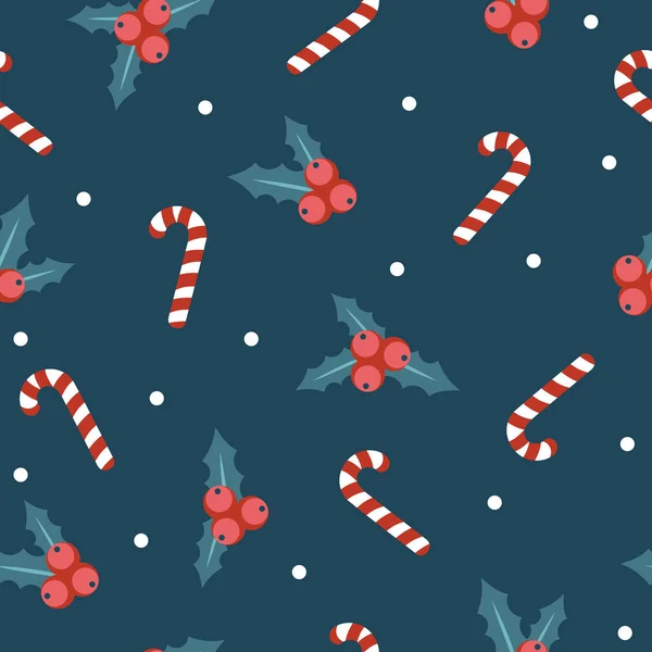 シームレスフラットデザイン-暗い青の背景にクリスマスキャンディとホリー植物 — ストックベクタ