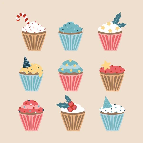 Conjunto de cupcakes y magdalenas navideñas, ilustración vectorial — Vector de stock