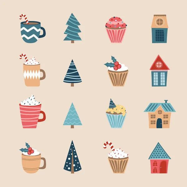 Mutlu Noel ikonu seti. Tatil simgeleri. Bardaklar, kekler, evler ve ağaçlar — Stok Vektör