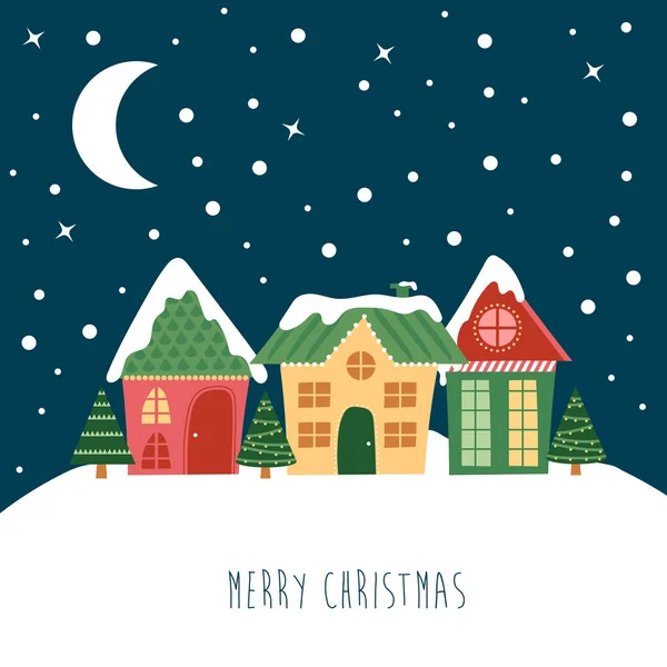 Paysage nocturne de Noël. La lune et les étoiles, la maison et l'arbre de Noël — Image vectorielle