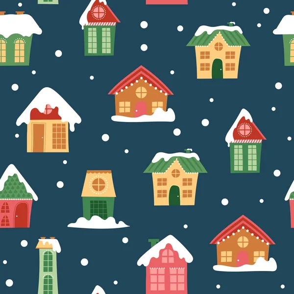 冬時間での装飾的なカラフルな家とのシームレスなパターン — ストックベクタ