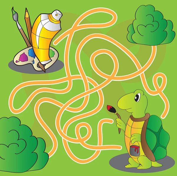 Labirinto para crianças - ajudar a tartaruga chegar a tintas e pincéis para pintura — Vetor de Stock