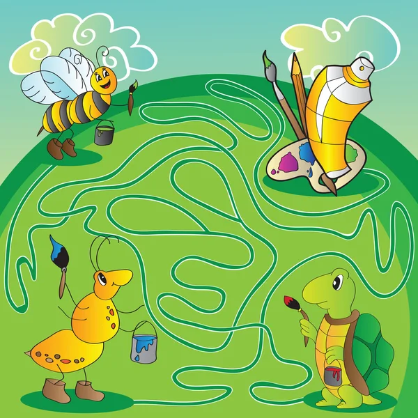 Maze for children - help the turtle, ant, bee get to paints and brushes for painting — Stock Vector