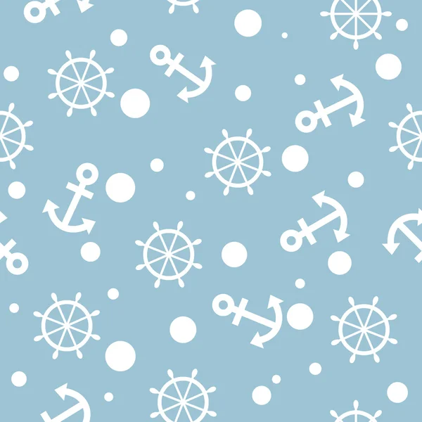 Seamless nautical pattern with white anchors and ship wheels — Stock Vector