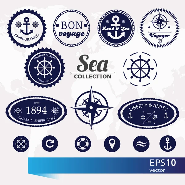 Set of vintage retro nautical badges, labels and icons — Stock Vector