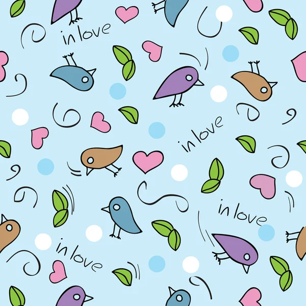 Romantic vector seamless pattern with flying birds and hearts — Stock Vector