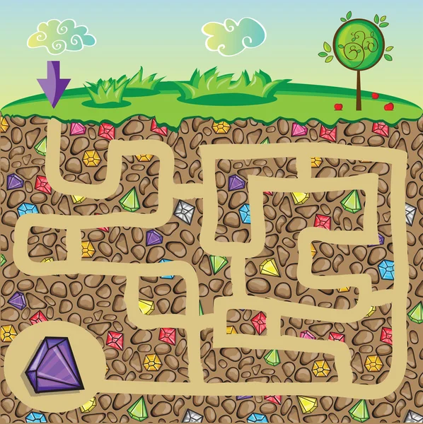 Maze voor kinderen - natuur, stenen en edelstenen onder de grond — Stockvector