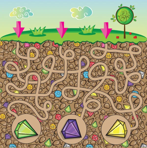 Laberinto para niños - naturaleza, piedras y piedras preciosas bajo el suelo — Vector de stock