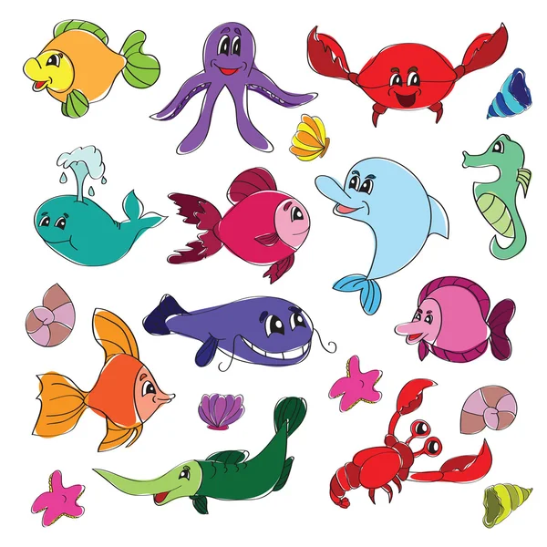 Marine life doodles - Hand drawn collection — Stock Vector