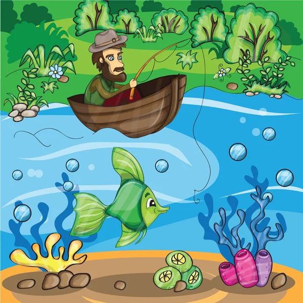 Rybář chytá ryby — Stockový vektor