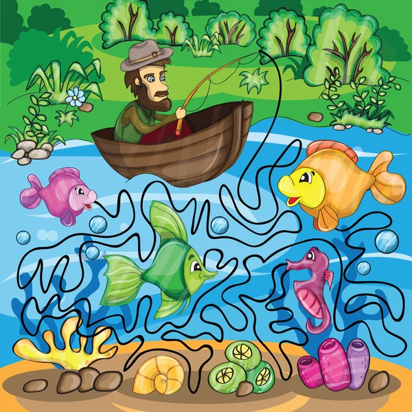 Gioco labirinto di pescatori — Vettoriale Stock