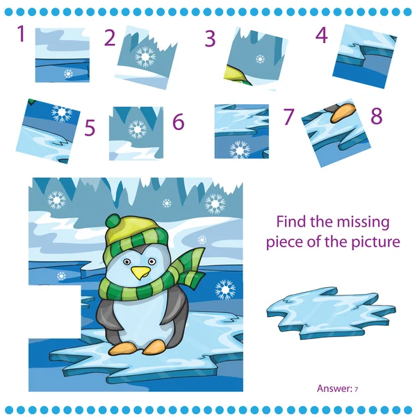 Find missing piece game for Children with penguin on ice background — Stock Vector