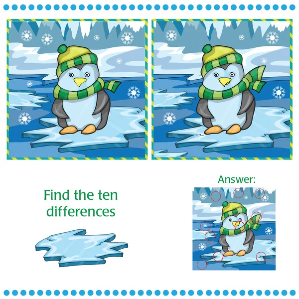 Unterschiede zwischen den beiden Bildern finden lustige Pinguin auf Eis Hintergrund — Stockvektor