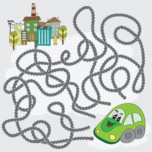 Funny maze game - help the car find way to city — Stock Vector