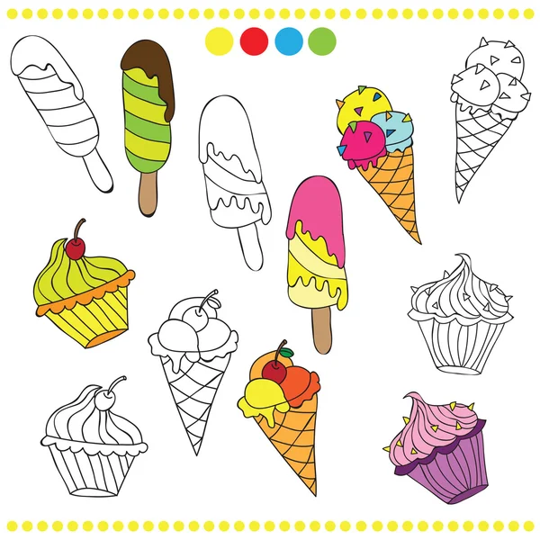 Illustration of colorful or black and white ice cream for coloring book — Stock Vector