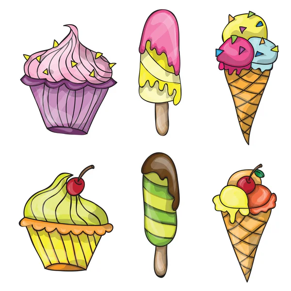 Conjunto de sorvete de desenho animado colorido saboroso — Vetor de Stock