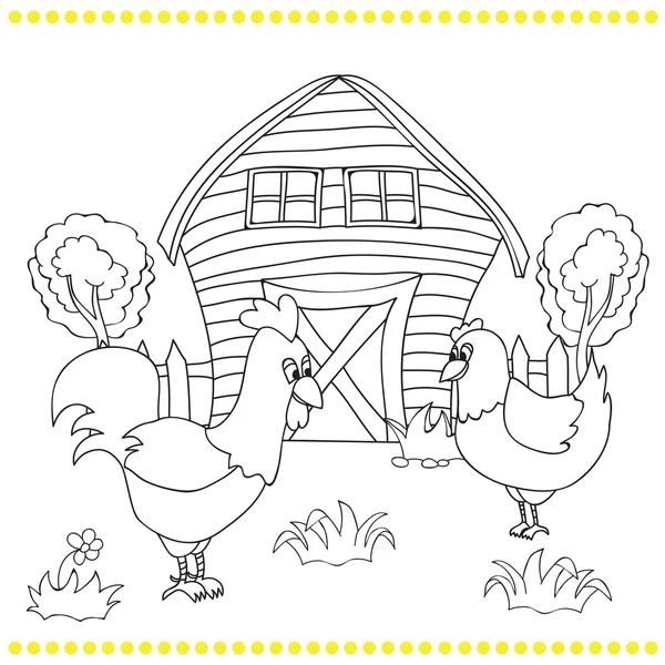 Galo e galinhas no bacgroung da paisagem rural — Vetor de Stock