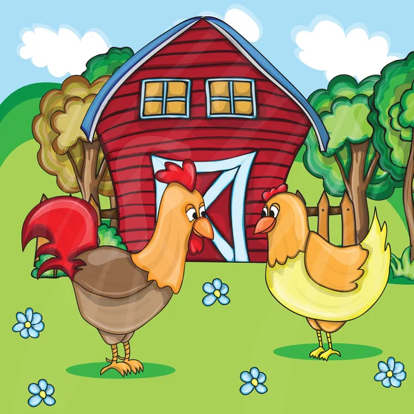 Gallo e galline sul bacgroung del paesaggio rurale — Vettoriale Stock