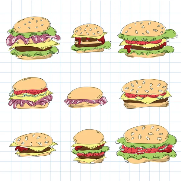 快餐食品汉堡包涂鸦集 — 图库矢量图片