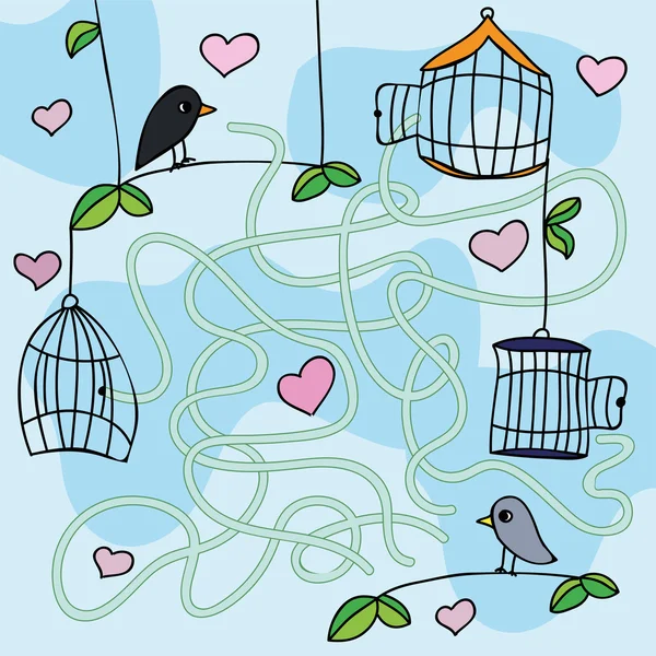 Labyrinth-Spiel -Vektor-Illustration mit lustigen Vögeln — Stockvektor