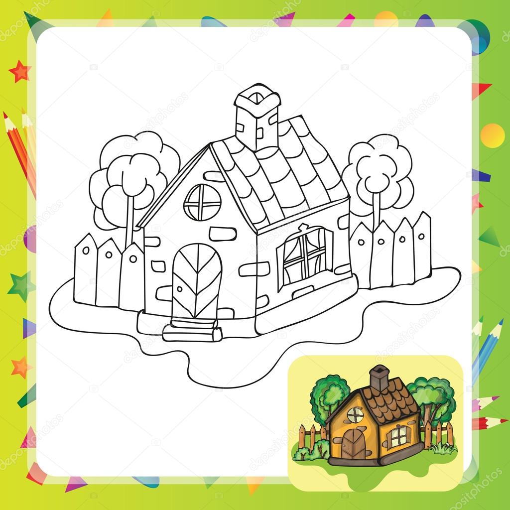 Casa di campagna stilizzata con un libro da colorare di giardino — Vettoriali di Brill