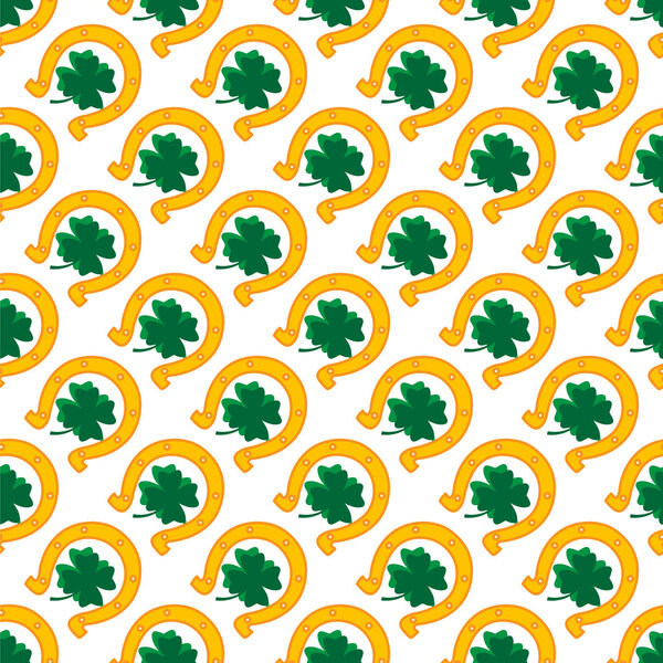 Green shamrock leaves and horseshoes . St. Patricks day background. Vector illustration.