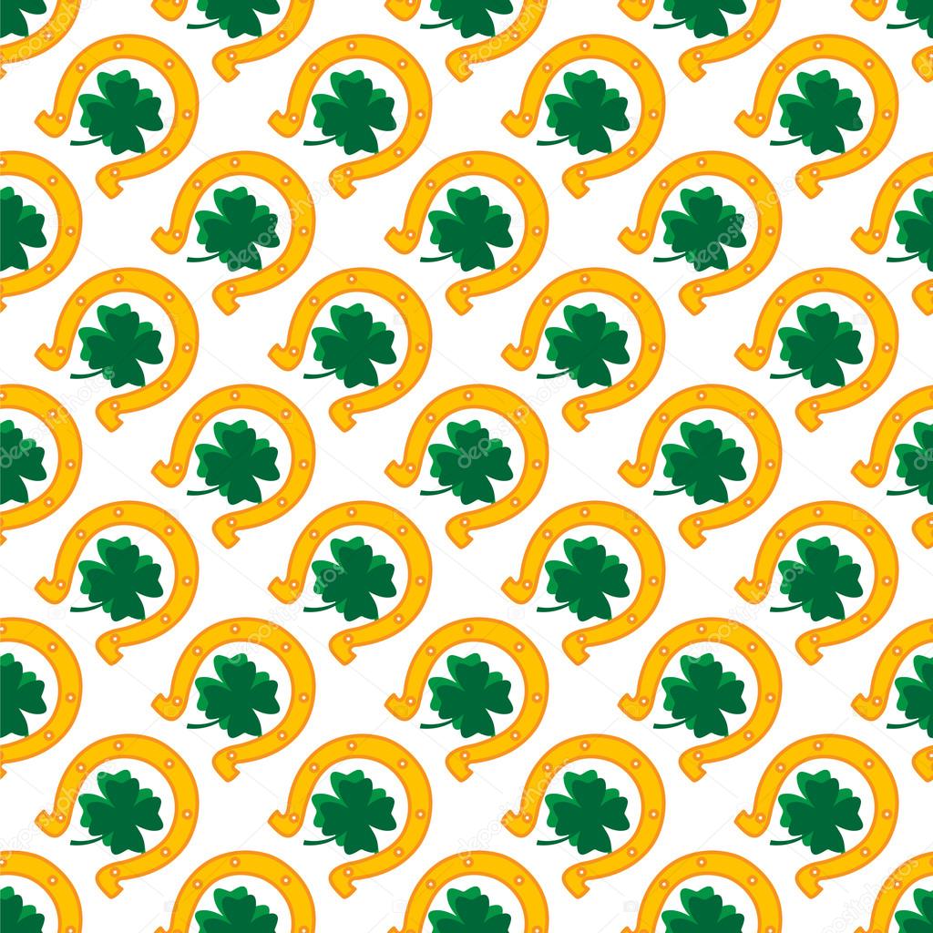 Green shamrock leaves and horseshoes . St. Patricks day background. Vector illustration.