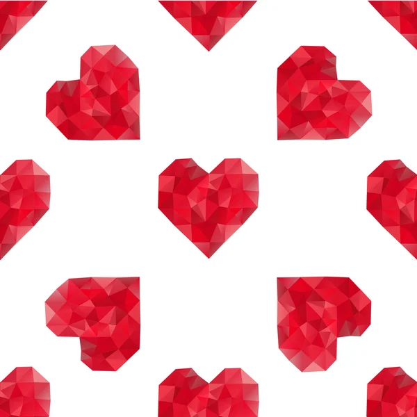 Vector pattern of polygonal red hearts on white background — Stock Vector