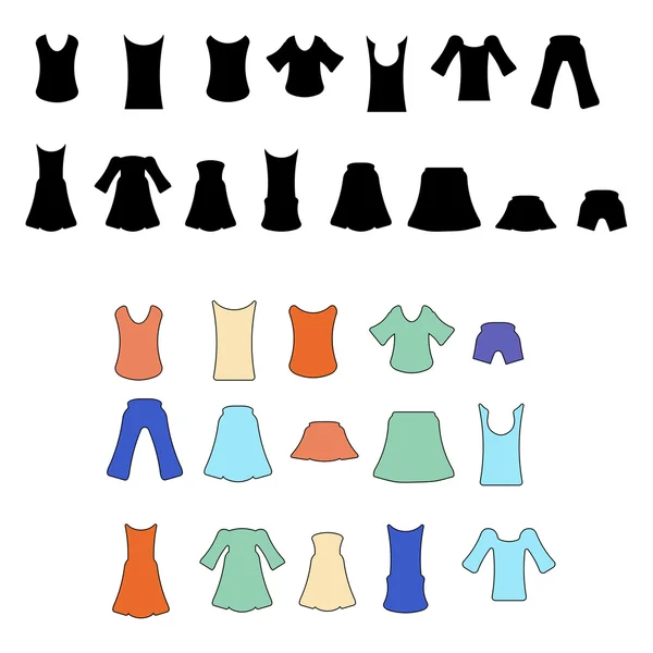 Línea de iconos de ropa y siluetas de vestir. Colores suaves y logo tema ropa — Vector de stock