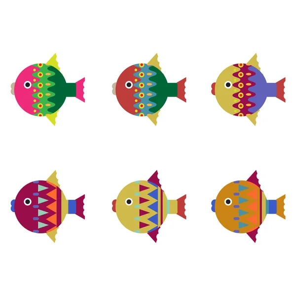Six round buttons with ornament. sea fish vibrant round icon — Stock Vector