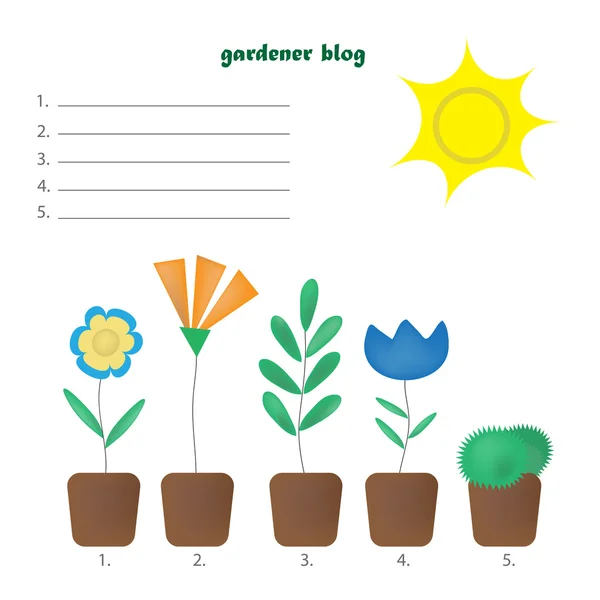 Blog de jardinero con una línea de entrada. iconos de plantas y macetas — Vector de stock