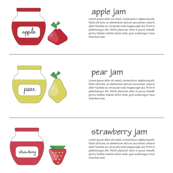 フルーツと jar ファイルは、異なる色でジャムします。バナー広告やカードとして使用することができます。 — ストックベクタ